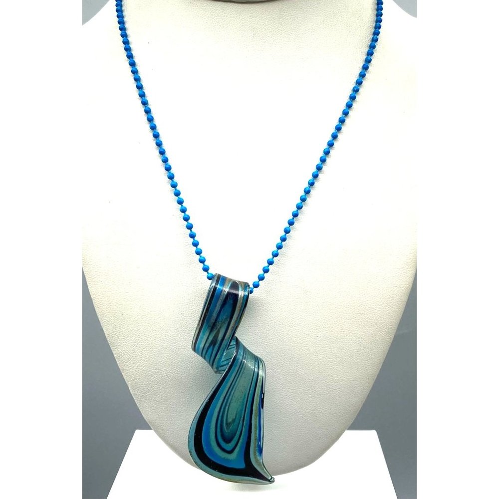 Vintage Dichroic Art Glass Swirl Pendant, Bright Blue Black and Silver Taffy